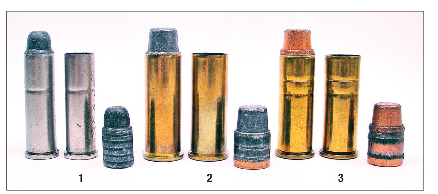 The early factory lead “Sharp”-style bullet in the (1) Remington .357 Magnum load lacked a gas check or jacket and was prone to leading barrels. The (2) Remington and (3) Winchester .44 Magnum loads used a relatively hard lead alloy and a gas check to help control leading.